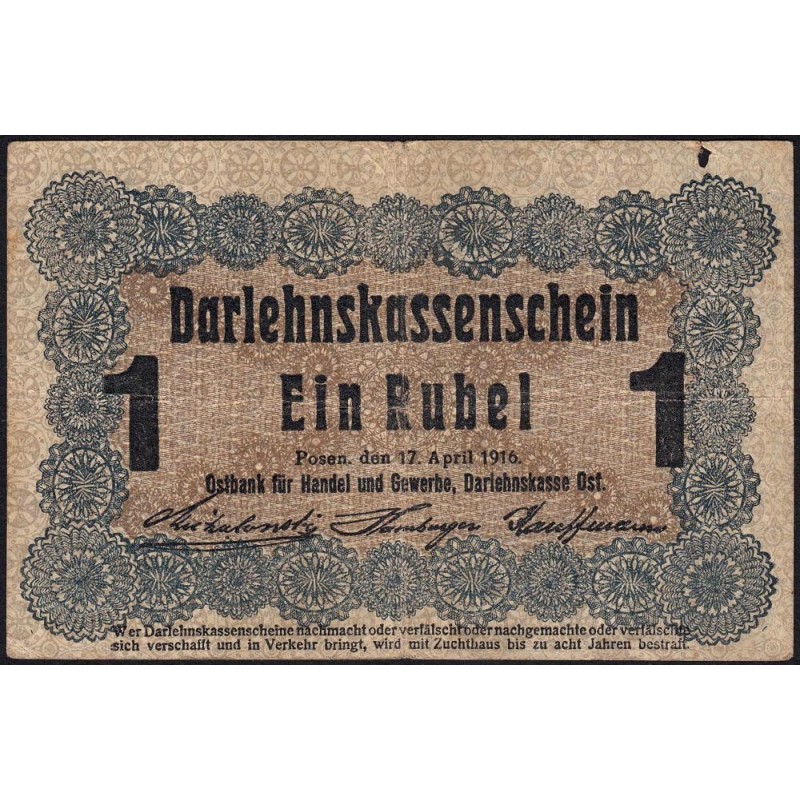 Allemagne - Emission de Posen (Pologne) - Pick R 122d - 1 rubel - 17/04/1916 - Etat : TB-