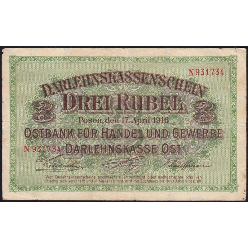 Allemagne - Emission de Posen (Pologne) - Pick R 123b - 3 rubel - Série N - 17/04/1916 - Etat : TB