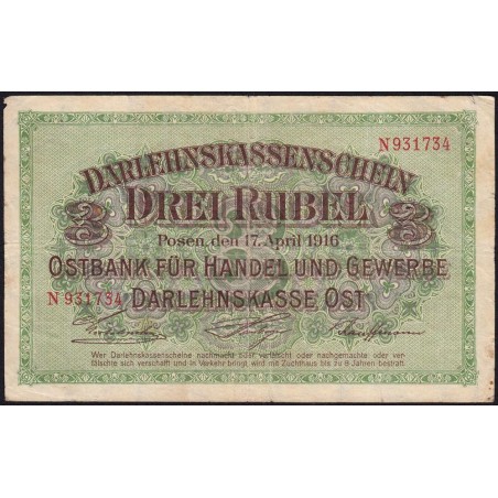 Allemagne - Emission de Posen (Pologne) - Pick R 123b - 3 rubel - Série N - 17/04/1916 - Etat : TB