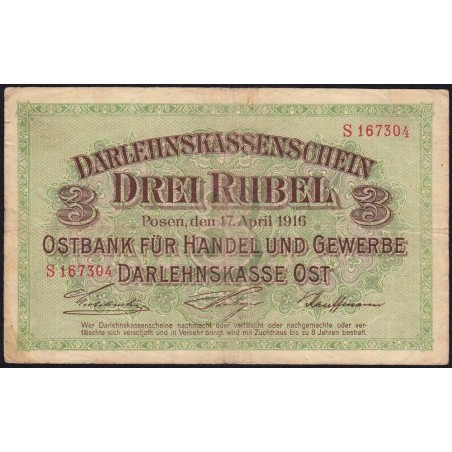 Allemagne - Emission de Posen (Pologne) - Pick R 123b - 3 rubel - Série S - 17/04/1916 - Etat : TB-