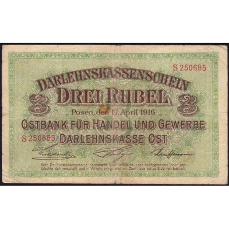 Allemagne - Emission de Posen (Pologne) - Pick R 123b - 3 rubel - Série S - 17/04/1916 - Etat : TB-