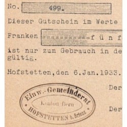 Suisse - Commune de Hofstetten - 5 francs - Type 1 - 06/01/1933 - Annulé - Etat : SPL+