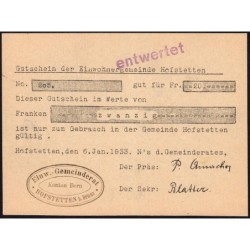 Suisse - Commune de Hofstetten - 20 francs - Type 1 - 06/01/1933 - Annulé - Etat : SPL