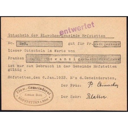 Suisse - Commune de Hofstetten - 20 francs - Type 1 - 06/01/1933 - Annulé - Etat : SPL