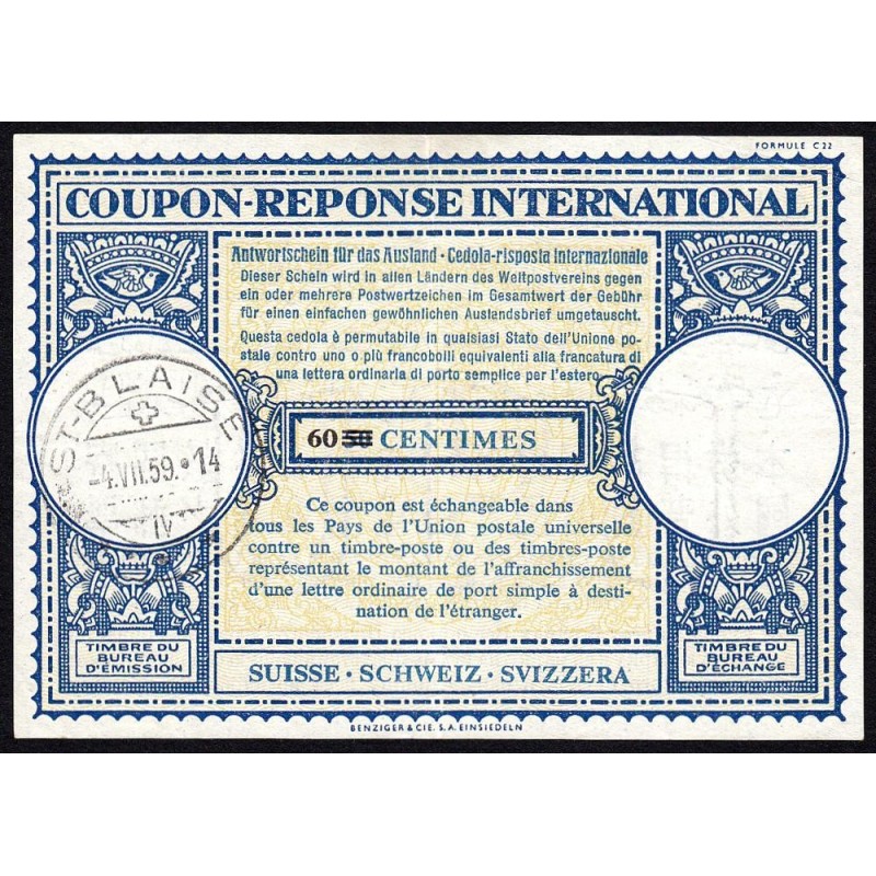 Suisse - Coupon-réponse international - 60 sur 50 centimes - 04/07/1959 - Etat : TTB