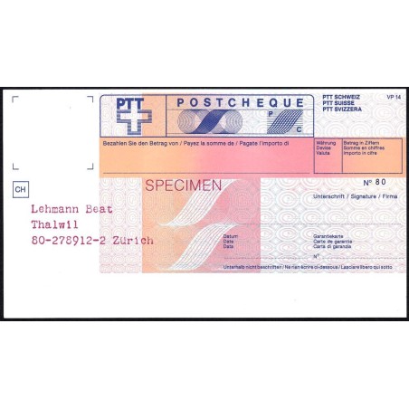 Suisse - Postchèque spécimen - 1980 - Etat : SPL