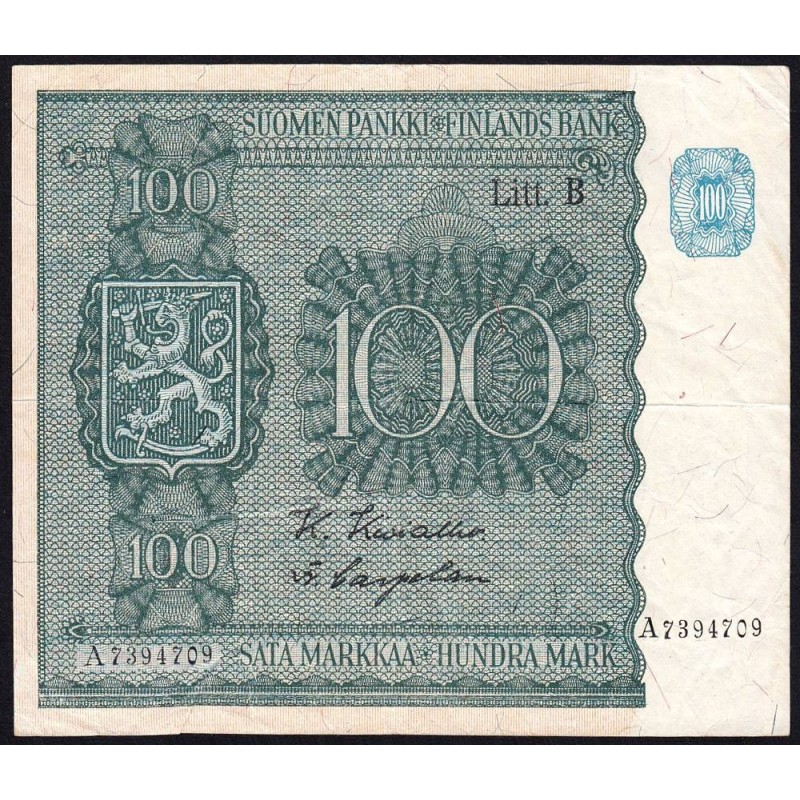 Finlande - Pick 88_4 - 100 markkaa - Litt. B - Série A - 1945 (1948) - Etat : TTB-