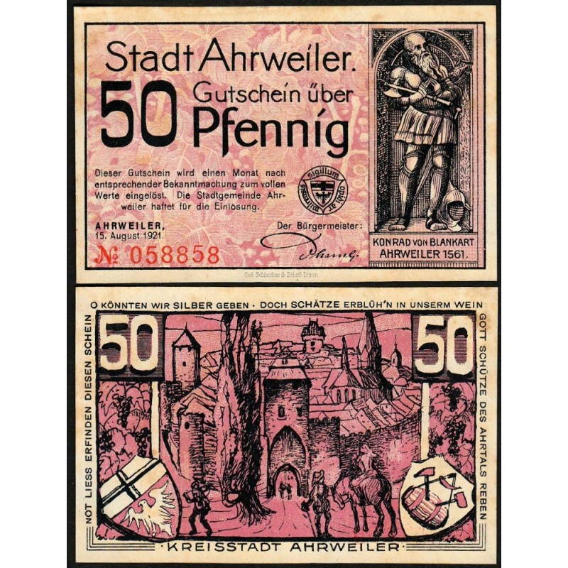 Allemagne - Notgeld - Ahrweiler - 50 pfennig - Réf. 2 - 15/08/1921 - Etat : TTB+