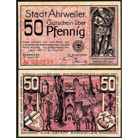 Allemagne - Notgeld - Ahrweiler - 50 pfennig - Réf. 2 - 15/08/1921 - Etat : TTB+