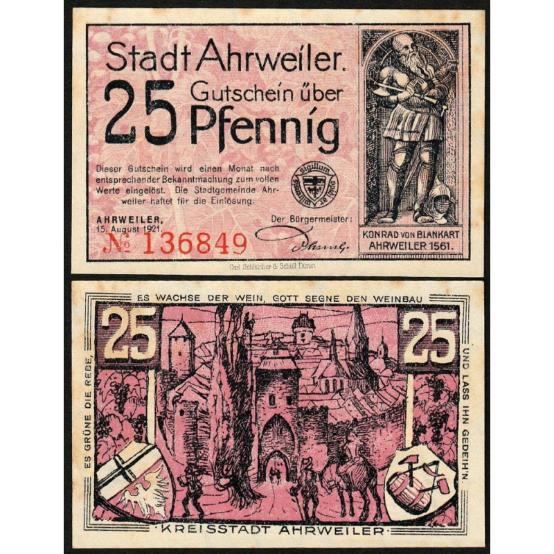 Allemagne - Notgeld - Ahrweiler - 25 pfennig - Réf. 4 - 15/08/1921 - Etat : TTB+