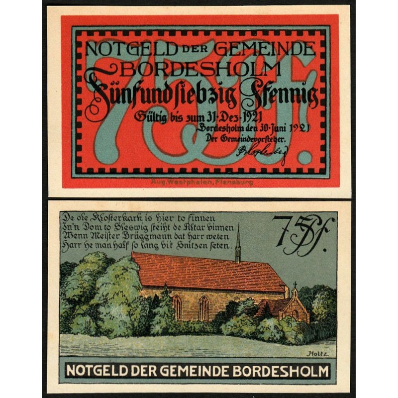 Allemagne - Notgeld - Bordesholm - 75 pfennig - Type 1 - 30/06/1921 - Etat : SPL