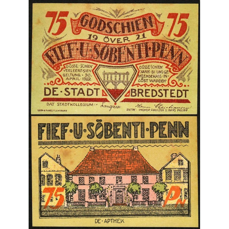 Allemagne - Notgeld - Bredstedt - 75 penn - 1921 - Etat : SUP