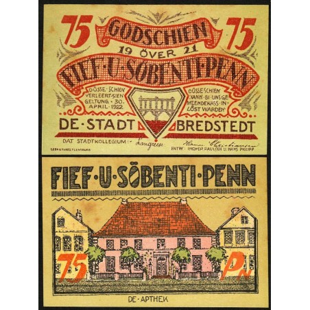 Allemagne - Notgeld - Bredstedt - 75 penn - 1921 - Etat : SUP