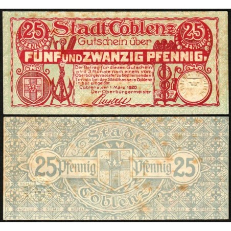 Allemagne - Notgeld - Coblenz - 25 pfennig - 01/03/1920 - Etat : SUP