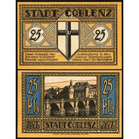 Allemagne - Notgeld - Coblenz - 25 pfennig - 01/05/1921 - Etat : SPL+