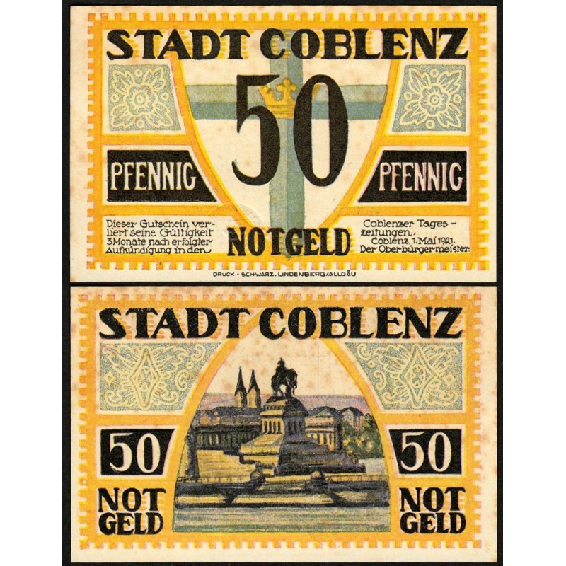 Allemagne - Notgeld - Coblenz - 50 pfennig - Type 1 - 01/05/1921 - Etat : SUP