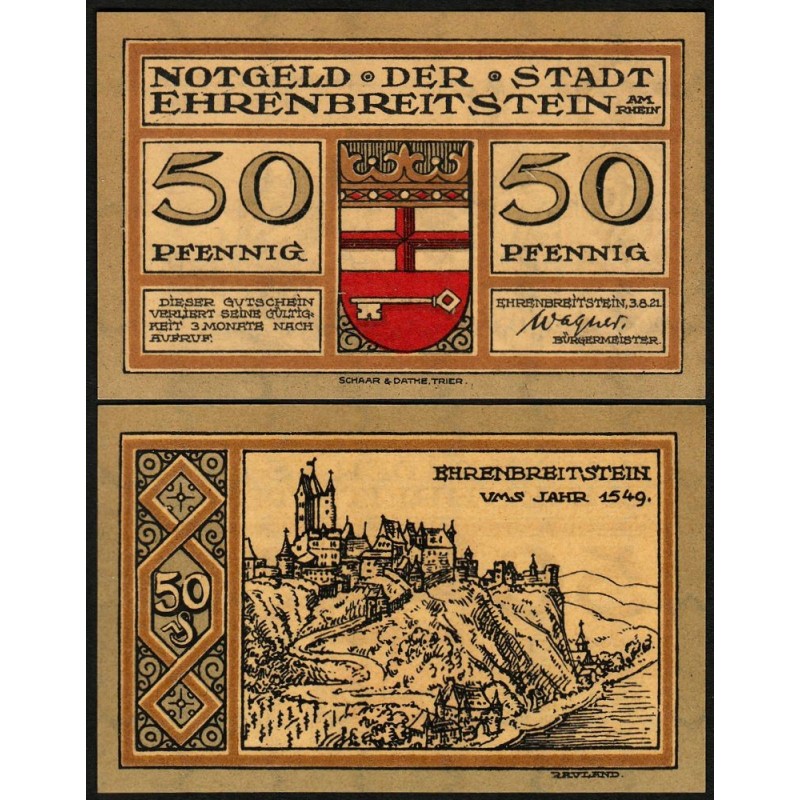 Allemagne - Notgeld - Ehrenbreistein - 50 pfennig - 03/08/1921 - Etat : NEUF