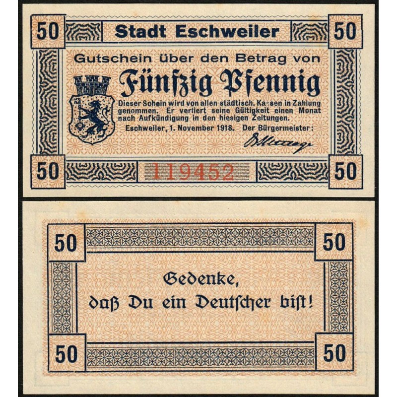 Allemagne - Notgeld - Eschweiler - 50 pfennig - 01/11/1918 - Etat : SPL+