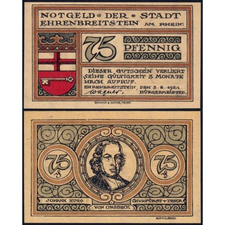 Allemagne - Notgeld - Ehrenbreistein - 75 pfennig - 03/08/1921 - Etat : NEUF