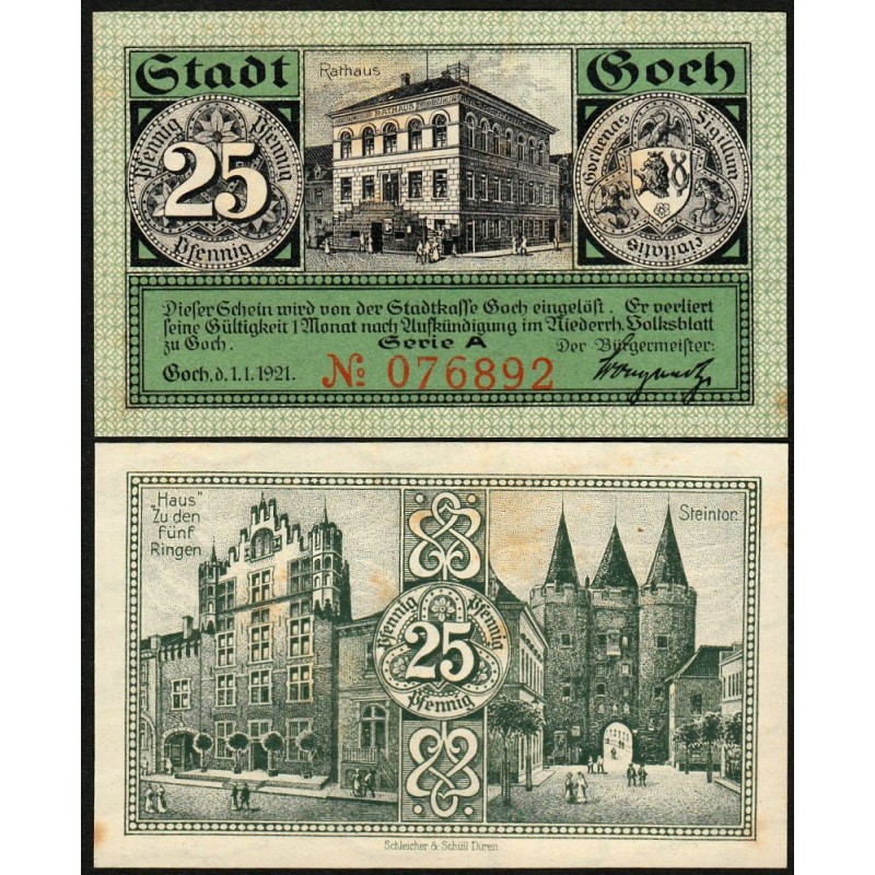 Allemagne - Notgeld - Goch - 25 pfennig - Série A - 01/01/1921 - Etat : SPL