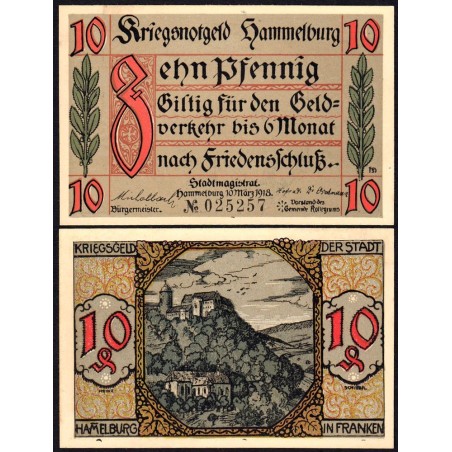 Allemagne - Notgeld - Hammelburg - 10 pfennig - 10/03/1918 (1921) - Etat : SPL