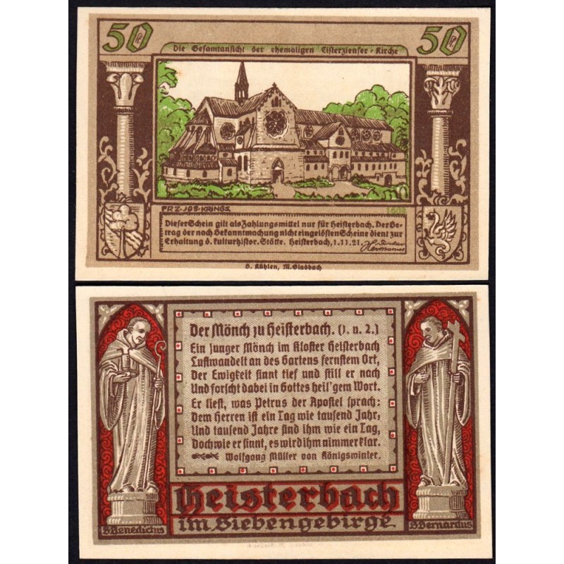 Allemagne - Notgeld - Heisterbach - 50 pfennig - Type 2 - Série 1608 - 01/11/1921 - Etat : NEUF