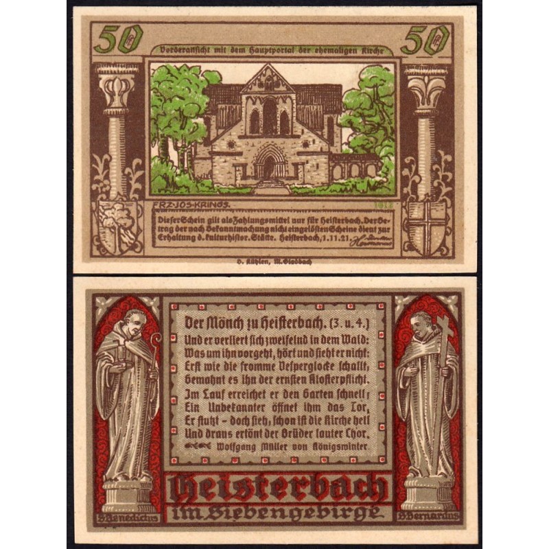 Allemagne - Notgeld - Heisterbach - 50 pfennig - Type 3 - Série 1612 - 01/11/1921 - Etat : NEUF