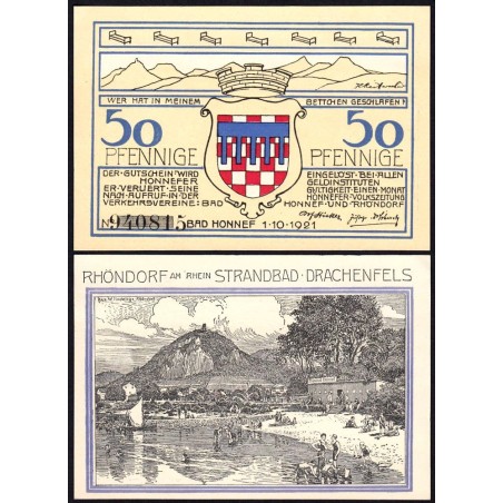 Allemagne - Notgeld - Honnef an Rhein - 50 pfennig - Type 2 - a- 01/10/1921 - Etat : NEUF