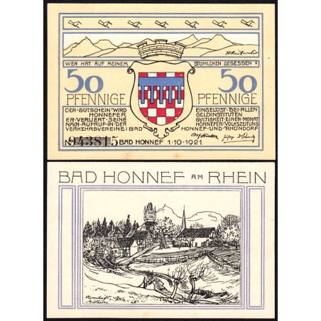 Allemagne - Notgeld - Honnef an Rhein - 50 pfennig - Type 3 - a- 01/10/1921 - Etat : SPL