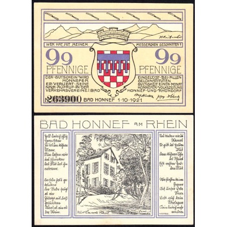 Allemagne - Notgeld - Honnef an Rhein - 99 pfennig - Type 4 - d - 01/10/1921 - Etat : NEUF