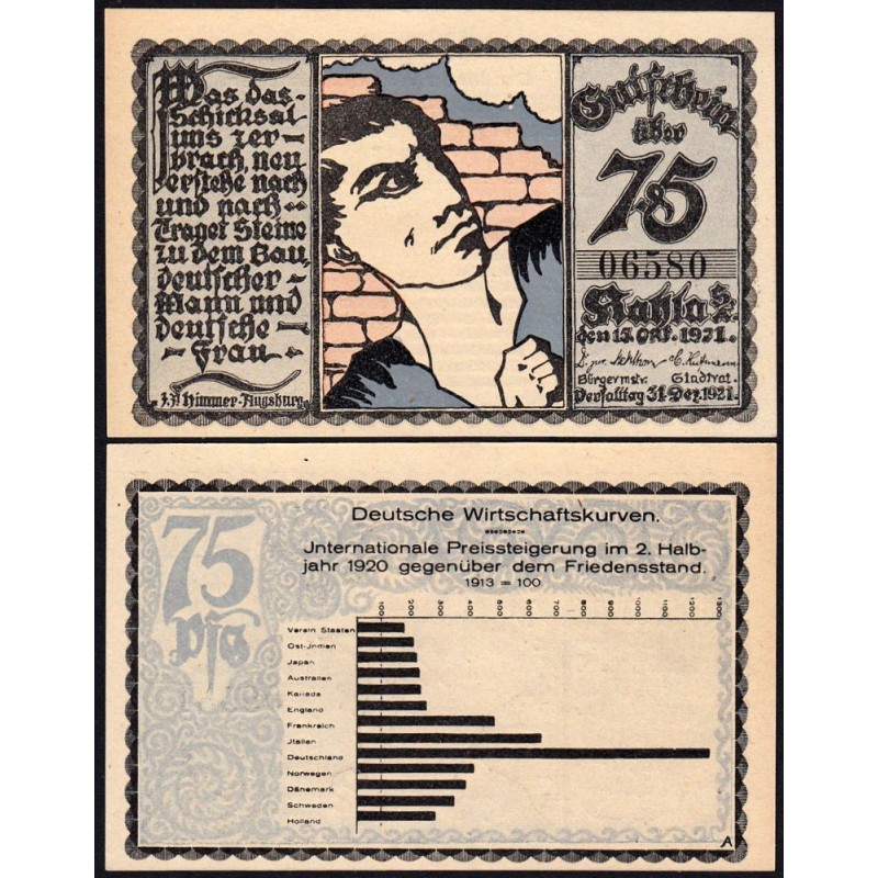 Allemagne - Notgeld - Kahla - 75 pfennig - Type A - 15/10/1921 - Etat : NEUF