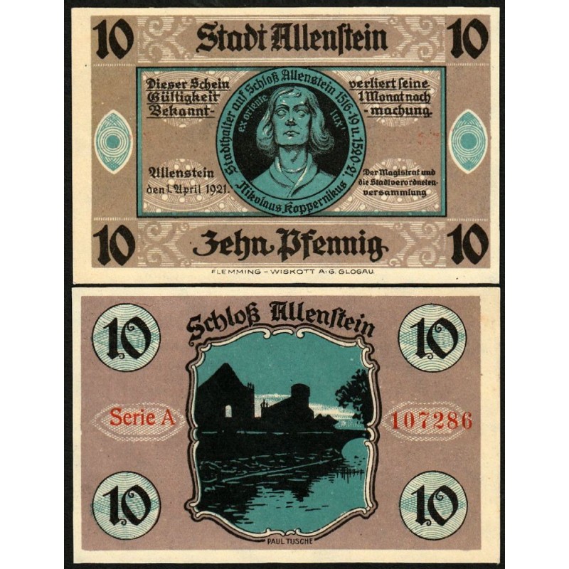 Pologne - Notgeld - Allenstein (Olsztyn) - 10 pfennig - Série A - 01/04/1921 - Etat : NEUF