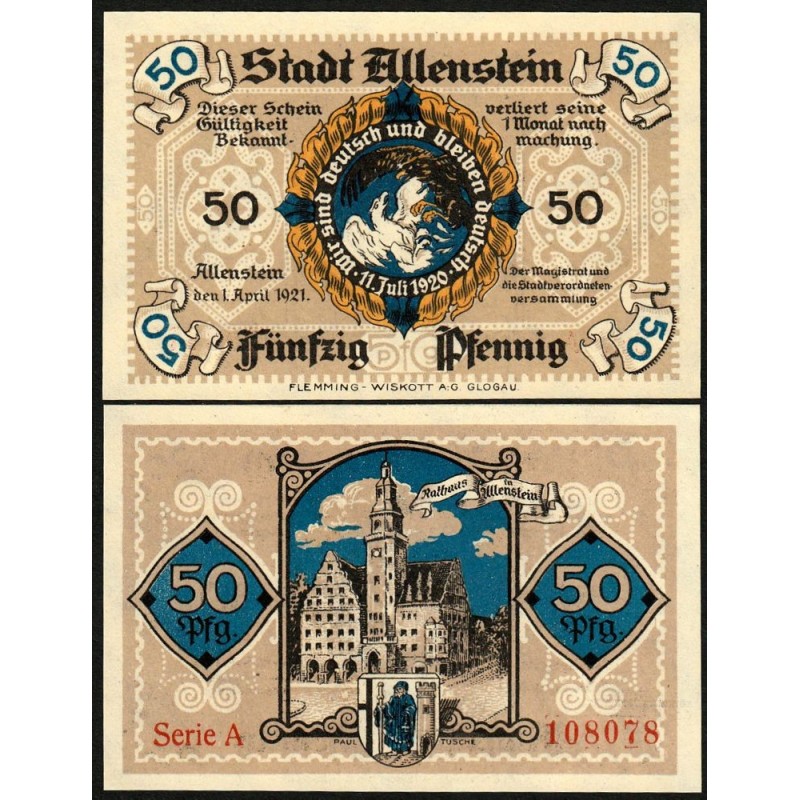 Pologne - Notgeld - Allenstein (Olsztyn) - 50 pfennig - Série A - 01/04/1921 - Etat : NEUF