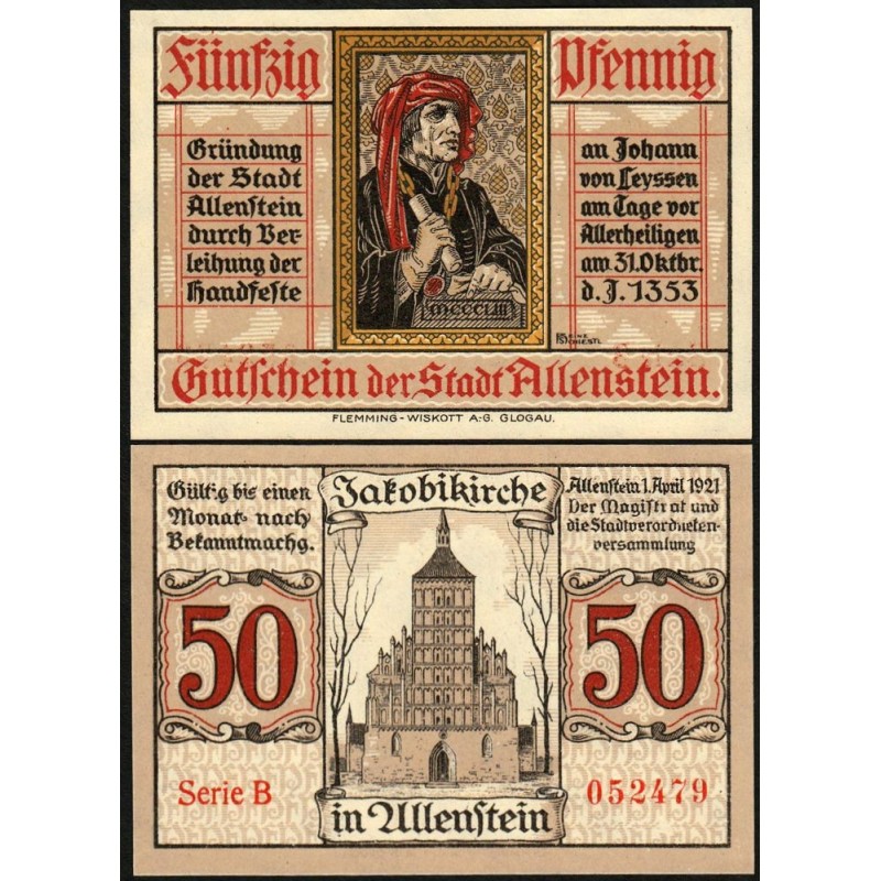 Pologne - Notgeld - Allenstein (Olsztyn) - 50 pfennig - Série B - 01/04/1921 - Etat : NEUF