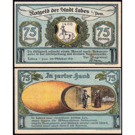 Pologne - Notgeld - Labes (Lobez) - 75 pfennig - 10/1921 - Etat : SPL