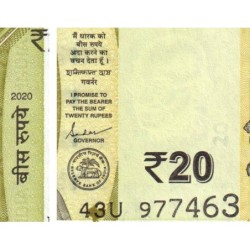 Inde - Pick 110d - 20 rupees - Série 43U - Sans lettre - 2020 - Etat : NEUF