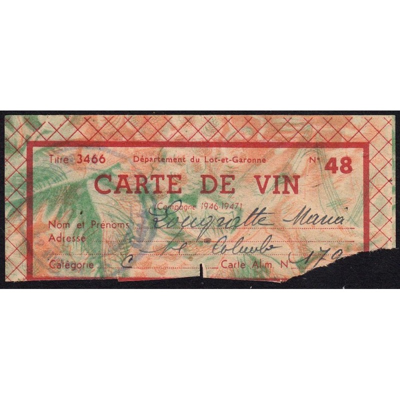 1946 - Titre 3466 - Lot-et-Garonne - Carte de vin n° 48 - Etat : TB