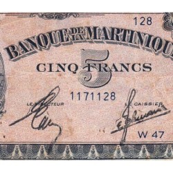 Martinique - Pick 16_2a - 5 francs - Série W 47 (remplacement) - 1944 - Etat : TB