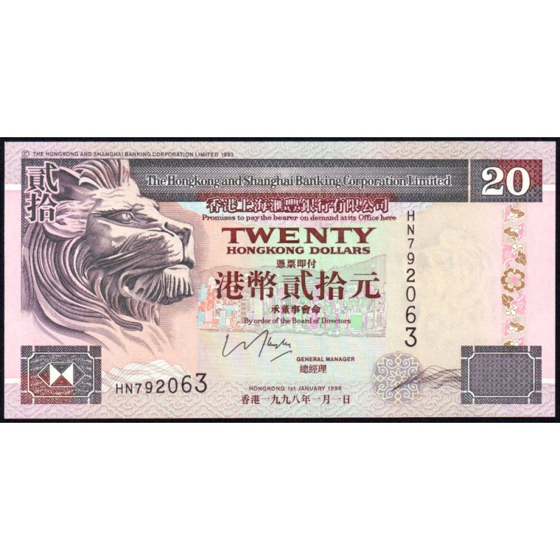 Hong Kong - HSBC Limited - Pick 201d_1 - 20 dollars - Série HN - 01/01/1998 - Etat : NEUF