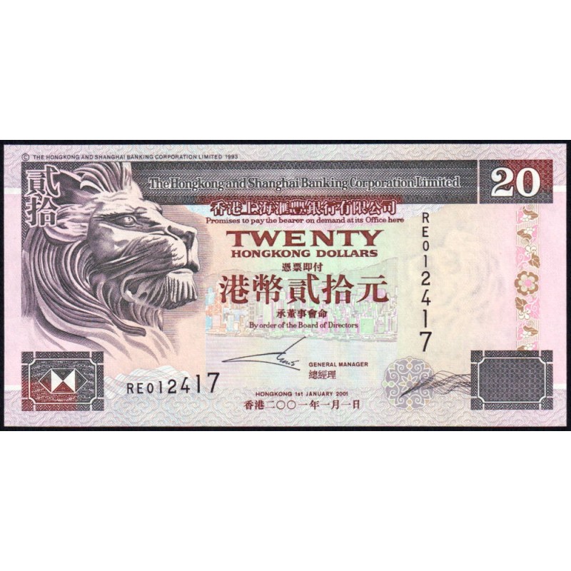 Hong Kong - HSBC Limited - Pick 201d_4 - 20 dollars - Série RE - 01/01/2001 - Etat : NEUF