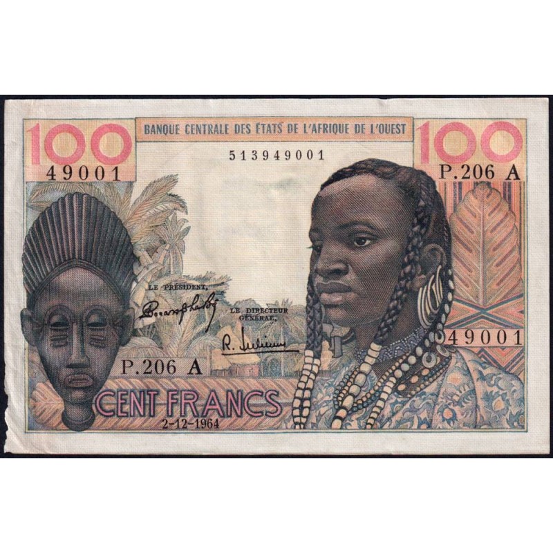 Côte d'Ivoire - Pick 101Ad - 100 francs - Série P.206 - 02/12/1964 - Etat : TTB