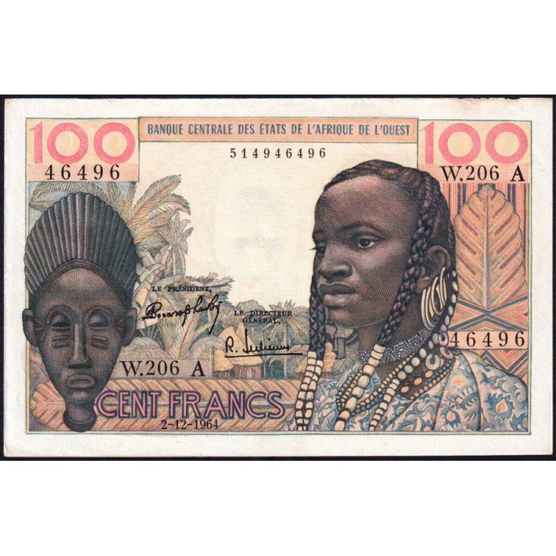 Côte d'Ivoire - Pick 101Ad - 100 francs - Série W.206 (rempl.) - 02/12/1964 - Etat : TTB+