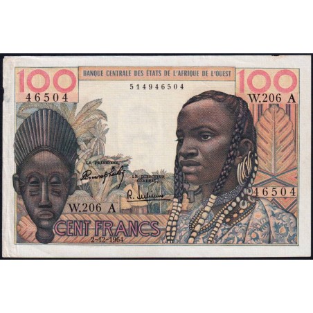 Côte d'Ivoire - Pick 101Ad - 100 francs - Série W.206 (rempl.) - 02/12/1964 - Etat : TTB-