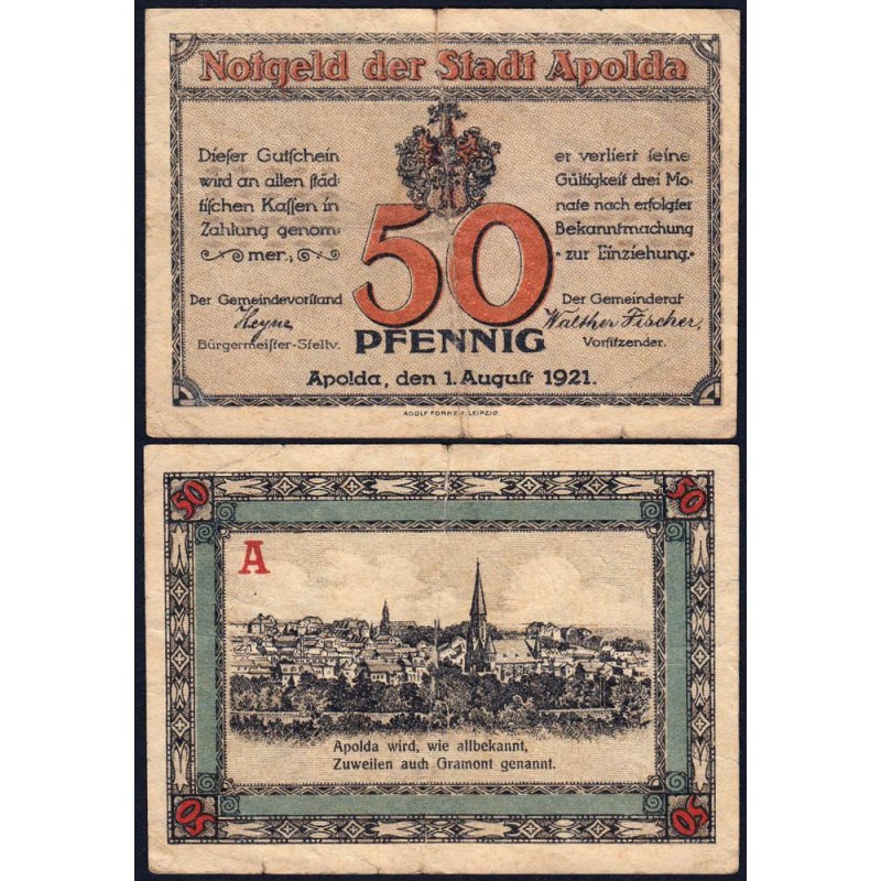 Allemagne - Notgeld - Apolda - 50 pfennig - Série A - 01/08/1921 - Etat : TB