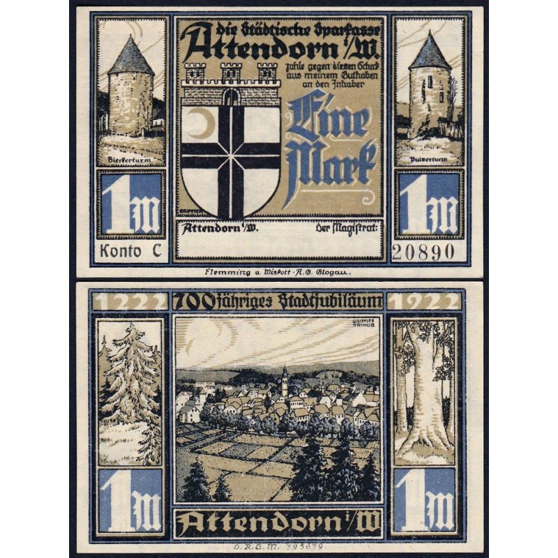 Allemagne - Notgeld - Attendorn - 1 mark - Série C - 1922 - Etat : NEUF