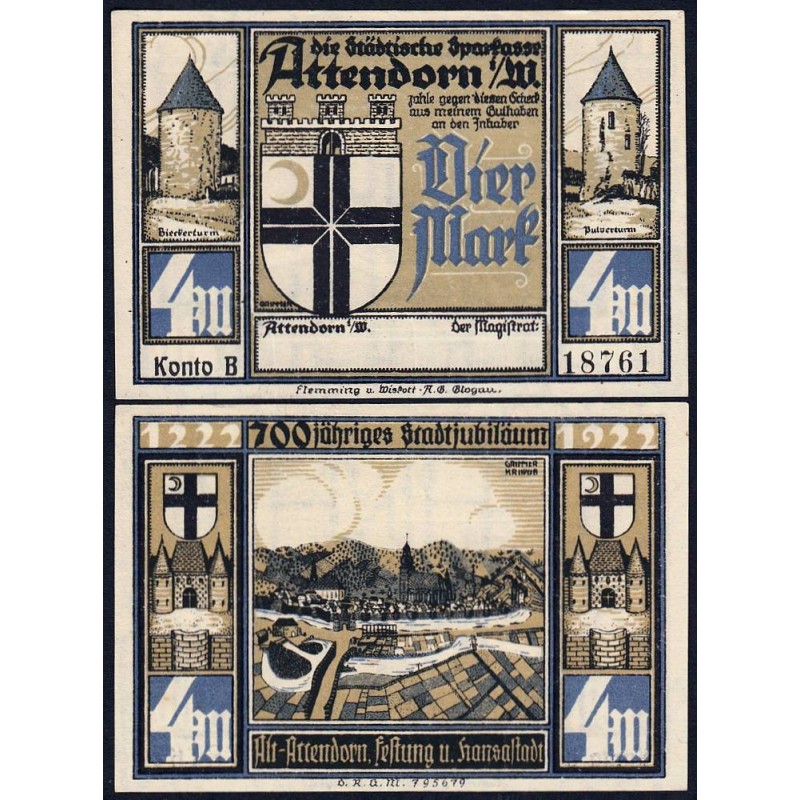 Allemagne - Notgeld - Attendorn - 4 mark - Série B - 1922 - Etat : NEUF