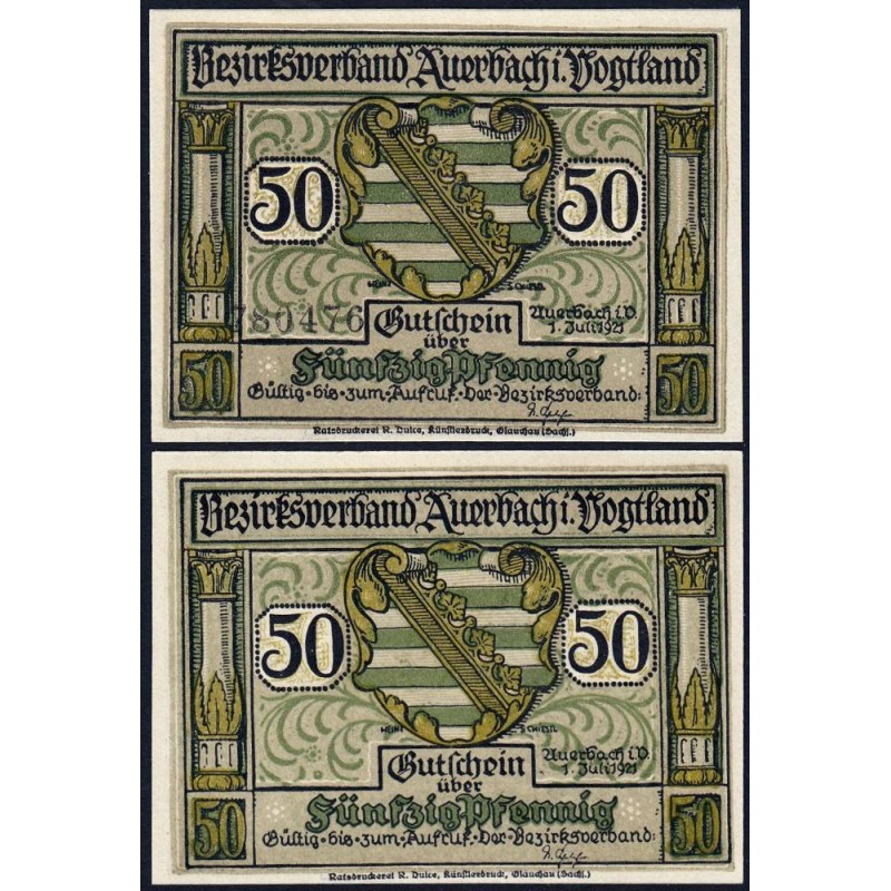 Allemagne - Notgeld - Auerbach - 50 pfennig - Sans illustration - Type b - 01/07/1921 - Etat : NEUF