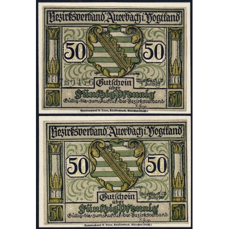 Allemagne - Notgeld - Auerbach - 50 pfennig - Sans illustration - Type b - 01/07/1921 - Etat : NEUF