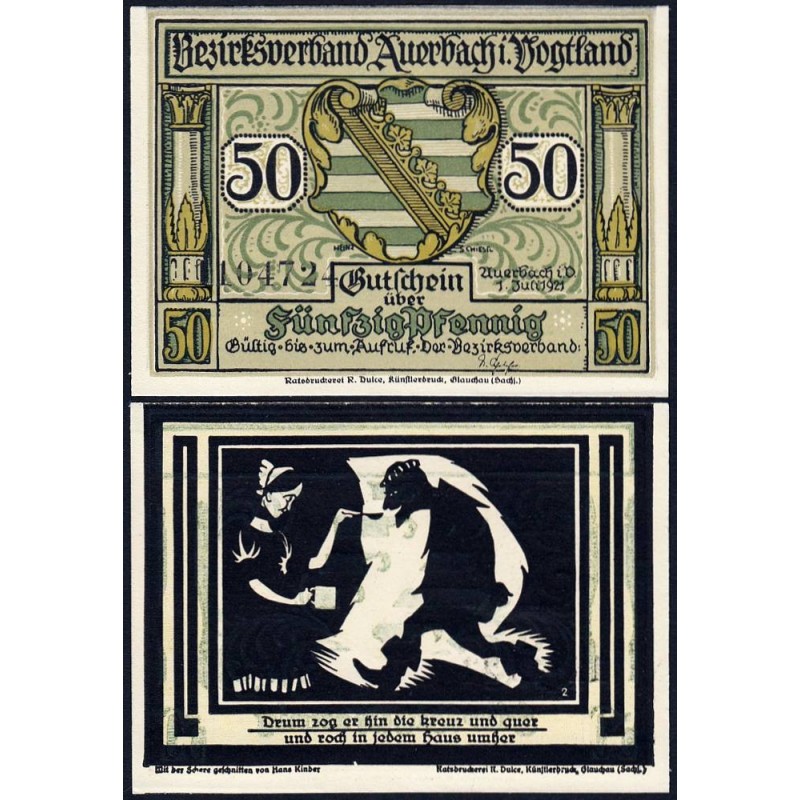 Allemagne - Notgeld - Auerbach - 50 pfennig - Illustration 2 - Type b - 01/07/1921 - Etat : NEUF