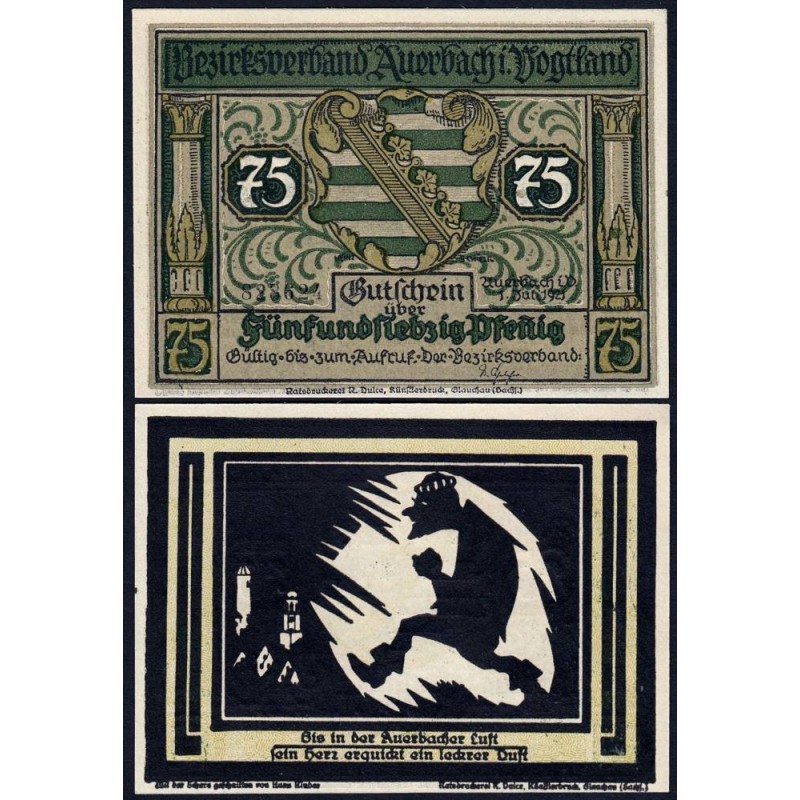 Allemagne - Notgeld - Auerbach - 75 pfennig - Illustration 3 - Type c - 01/07/1921 - Etat : NEUF